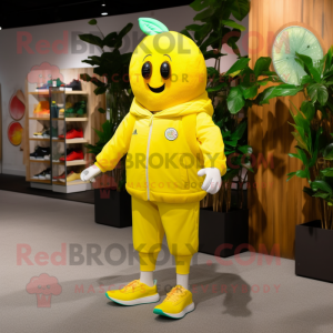 Lemon Yellow Mango mascot costume character dressed with a Capri Pants and Shoe laces