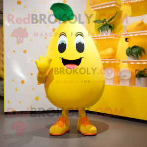 Lemon Yellow Mango mascot costume character dressed with a Capri Pants and Shoe laces