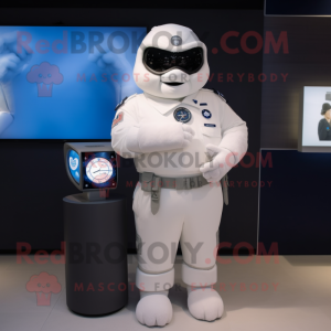 White Air Force Soldier mascot costume character dressed with a Cardigan and Smartwatches