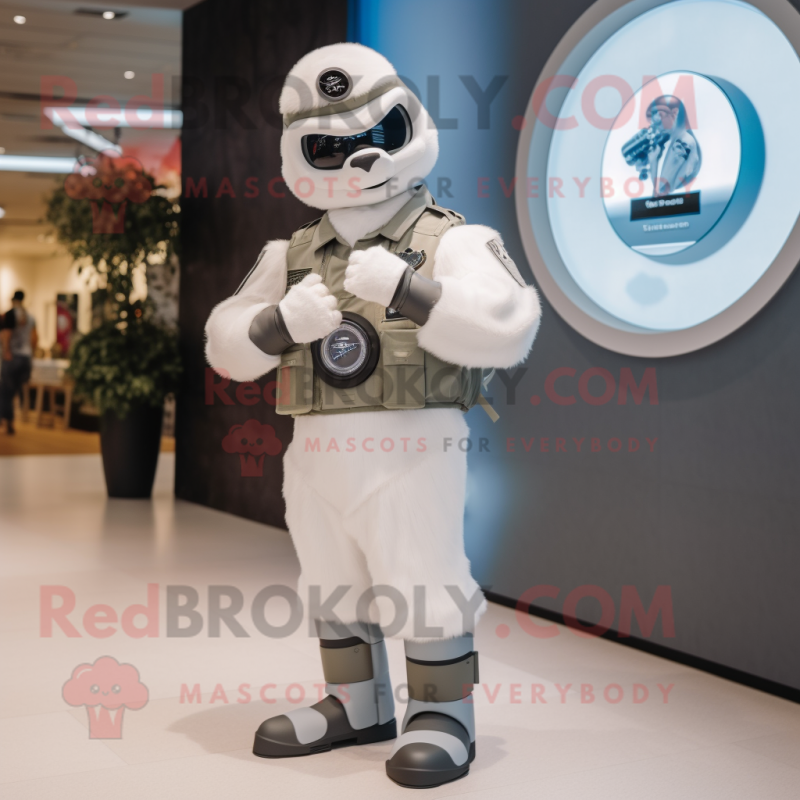 White Air Force Soldier mascot costume character dressed with a Cardigan and Smartwatches