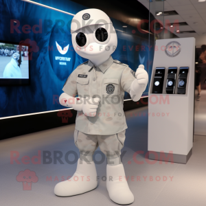 White Air Force Soldier mascot costume character dressed with a Cardigan and Smartwatches