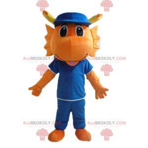 Mascotte di dinosauro drago arancione vestita di blu -