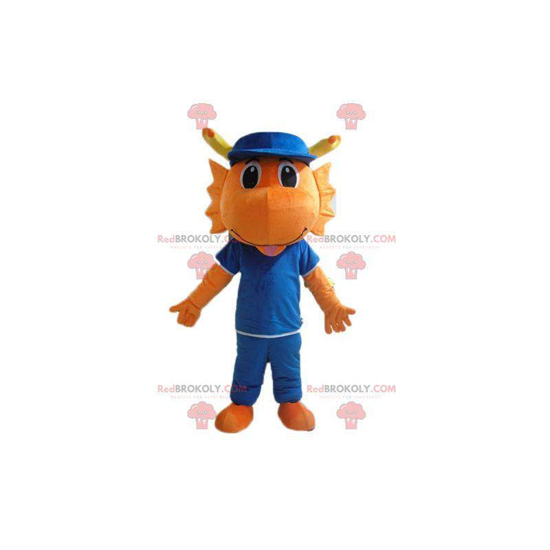 Mascotte di dinosauro drago arancione vestita di blu -