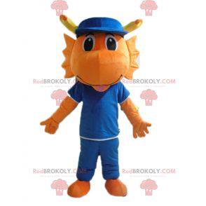 Orange Drachendinosaurier Maskottchen in blau gekleidet -