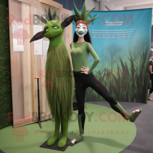 Forest Green Stilt Walker mascot costume character dressed with a Yoga Pants and Hairpins