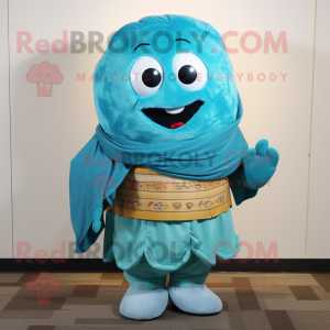 Turquoise Dim Sum mascot costume character dressed with a T-Shirt and Shawl pins