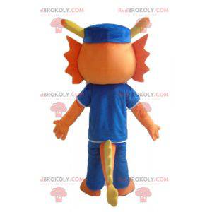 Orange Drachendinosaurier Maskottchen in blau gekleidet -