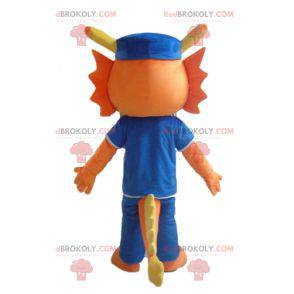 Mascotte di dinosauro drago arancione vestita di blu -