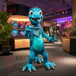 Turquoise Velociraptor mascot costume character dressed with a Sweater and Anklets