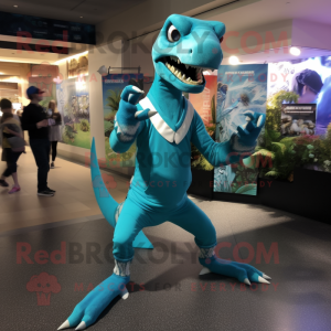 Turquoise Velociraptor mascot costume character dressed with a Sweater and Anklets