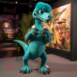 Turquoise Velociraptor mascot costume character dressed with a Sweater and Anklets