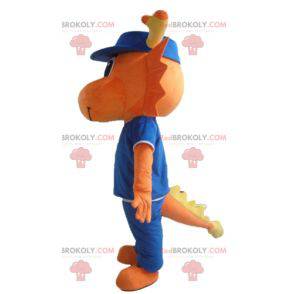 Mascotte di dinosauro drago arancione vestita di blu -