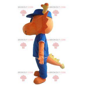 Orange Drachendinosaurier Maskottchen in blau gekleidet -