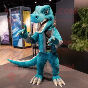 Turquoise Velociraptor mascot costume character dressed with a Sweater and Anklets