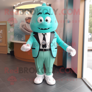 Teal Ice Cream mascot costume character dressed with a Suit Jacket and Belts