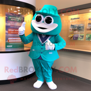 Teal Ice Cream mascot costume character dressed with a Suit Jacket and Belts