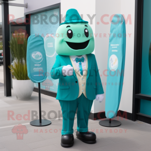 Teal Ice Cream mascot costume character dressed with a Suit Jacket and Belts