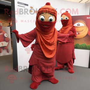 Maroon Tikka Masala mascot costume character dressed with a Jumpsuit and Wraps