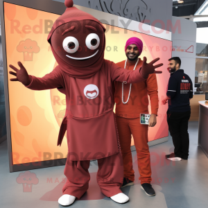 Maroon Tikka Masala mascot costume character dressed with a Jumpsuit and Wraps