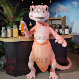 Peach Komodo Dragon mascot costume character dressed with a Cocktail Dress and Keychains