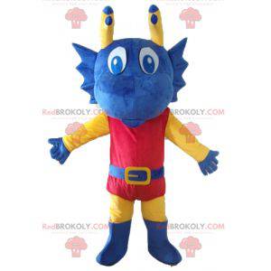 Blue yellow and red dragon mascot dressed as a knight -