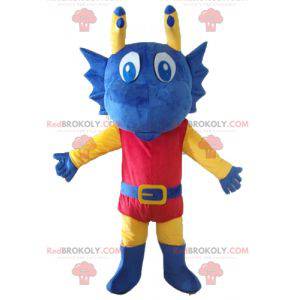 Mascotte de dragon bleu jaune et rouge habillé en chevalier -