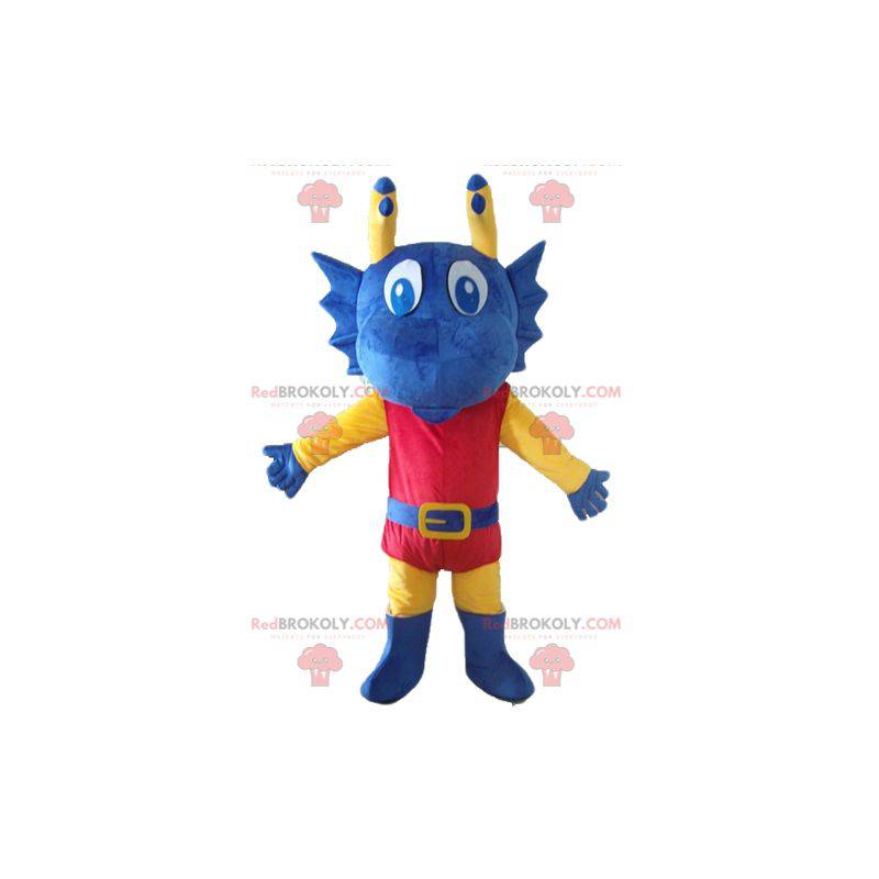 Mascota dragón azul amarillo y rojo vestida como un caballero -