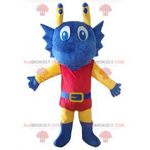 Mascotte drago blu giallo e rosso vestito da cavaliere -