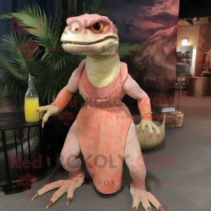 Peach Komodo Dragon mascot costume character dressed with a Cocktail Dress and Keychains
