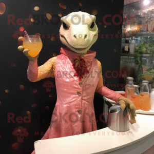 Peach Komodo Dragon mascot costume character dressed with a Cocktail Dress and Keychains