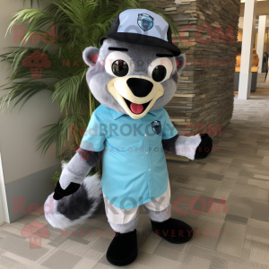 Sky Blue Raccoon mascot costume character dressed with a Dress Shirt and Caps