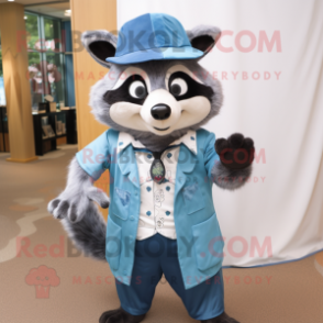 Sky Blue Raccoon mascot costume character dressed with a Dress Shirt and Caps