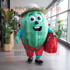 Turquoise Watermelon mascot costume character dressed with a Dungarees and Messenger bags