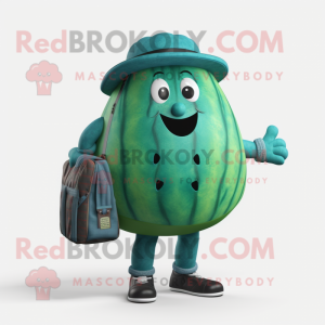 Turquoise Watermelon mascot costume character dressed with a Dungarees and Messenger bags