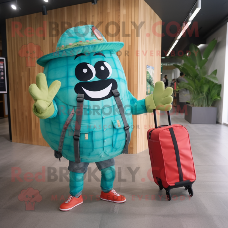 Turquoise Watermelon mascot costume character dressed with a Dungarees and Messenger bags