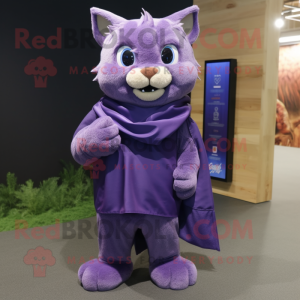 Purple Cat mascot costume character dressed with a Bootcut Jeans and Shawl pins