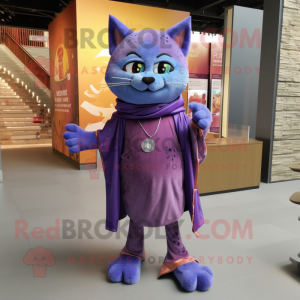 Purple Cat mascot costume character dressed with a Bootcut Jeans and Shawl pins