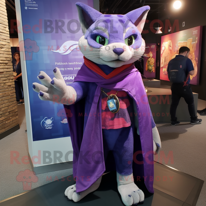 Purple Cat mascot costume character dressed with a Bootcut Jeans and Shawl pins