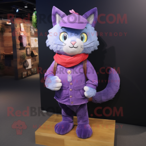 Purple Cat mascot costume character dressed with a Bootcut Jeans and Shawl pins