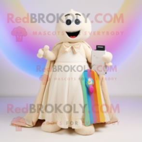 Beige Rainbow mascot costume character dressed with a Wedding Dress and Wallets