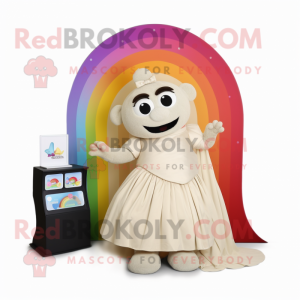 Beige Rainbow mascot costume character dressed with a Wedding Dress and Wallets