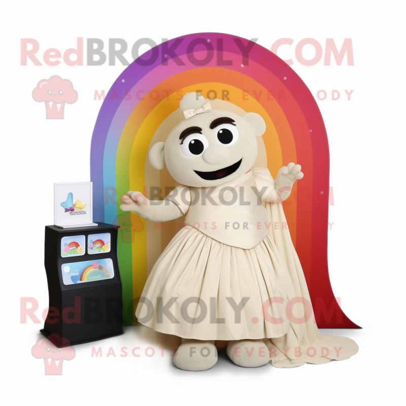 Beige Rainbow mascot costume character dressed with a Wedding Dress and Wallets Beige Rainbow mascot costume character dressed with a Wedding Dress and Wallets