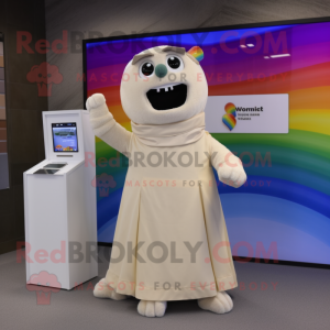 Beige Rainbow mascot costume character dressed with a Wedding Dress and Wallets