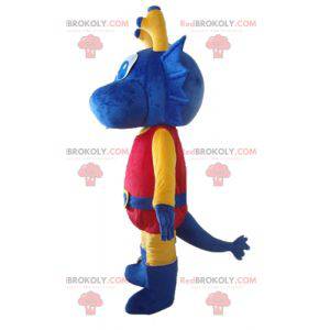 Mascote dragão azul amarelo e vermelho vestido como um