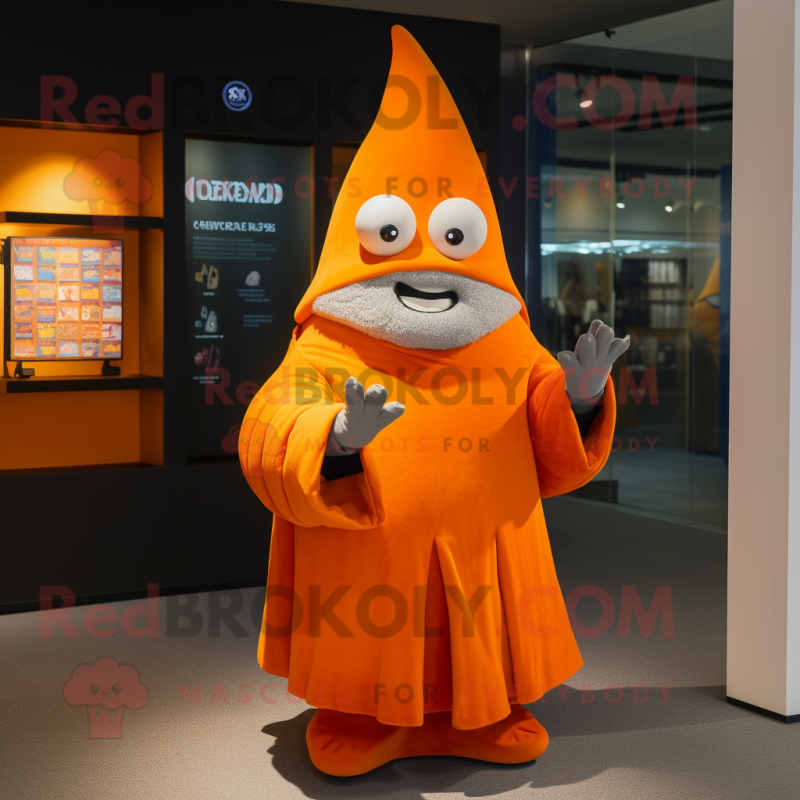 Orange Wizard mascot costume character dressed with a Sweatshirt and Mittens