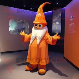 Orange Wizard mascot costume character dressed with a Sweatshirt and Mittens