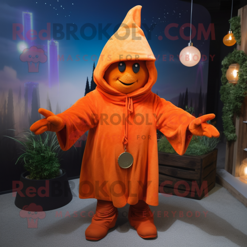 Orange Wizard mascot costume character dressed with a Sweatshirt and Mittens