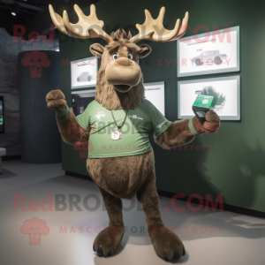 Olive Irish Elk mascot costume character dressed with a Henley Tee and Smartwatches
