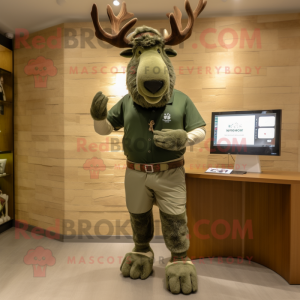 Olive Irish Elk mascot costume character dressed with a Henley Tee and Smartwatches