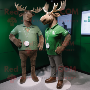 Olive Irish Elk mascot costume character dressed with a Henley Tee and Smartwatches